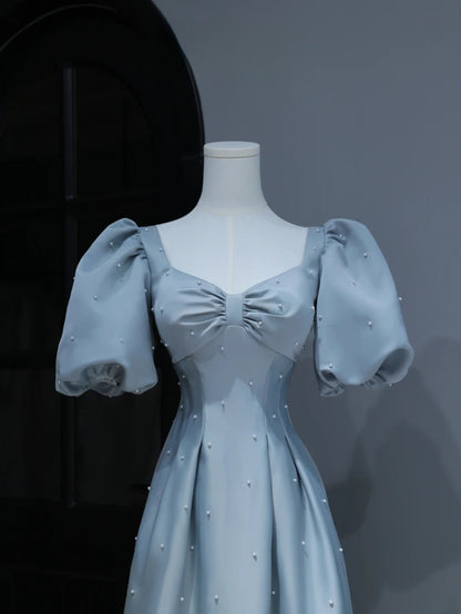 Modest Prom Dresses Aesthetic A Line Sweetheart Light Sky Blue Satin Inspiration Style Impress With Puffy Sleeves Pearls Long Party Formal Gown AS373