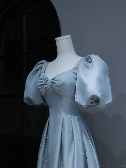 Modest Prom Dresses Aesthetic A Line Sweetheart Light Sky Blue Satin Inspiration Style Impress With Puffy Sleeves Pearls Long Party Formal Gown AS373
