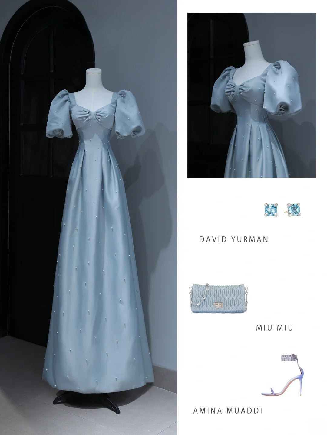 Modest Prom Dresses Aesthetic A Line Sweetheart Light Sky Blue Satin Inspiration Style Impress With Puffy Sleeves Pearls Long Party Formal Gown AS373