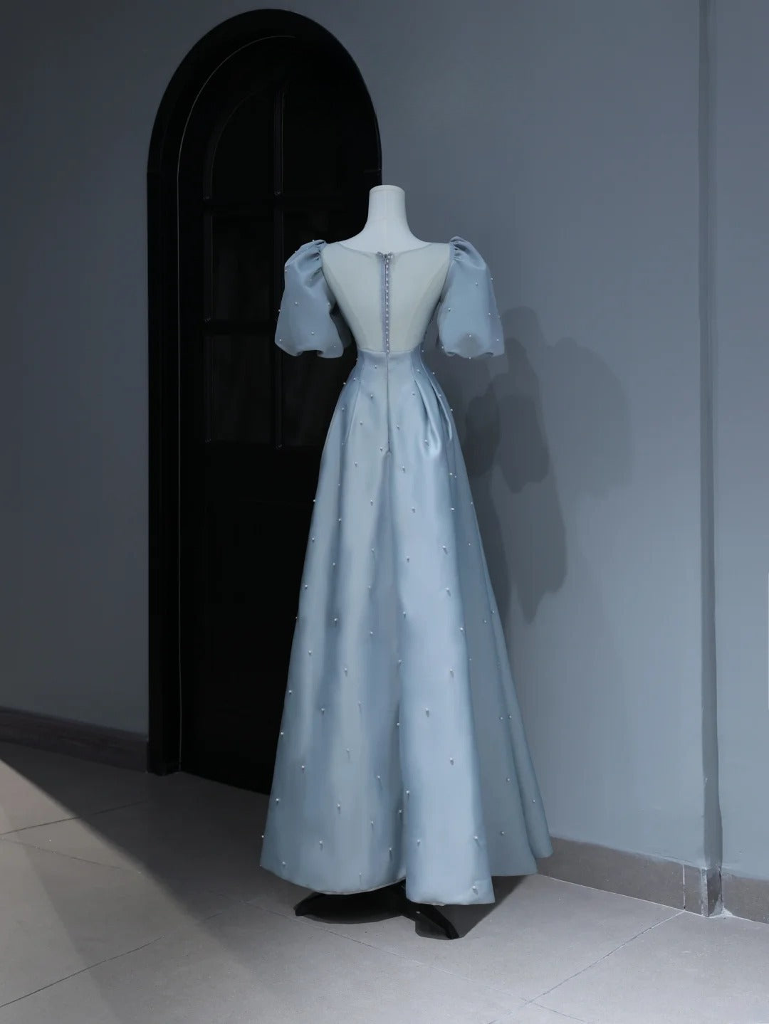 Modest Prom Dresses Aesthetic A Line Sweetheart Light Sky Blue Satin Inspiration Style Impress With Puffy Sleeves Pearls Long Party Formal Gown AS373