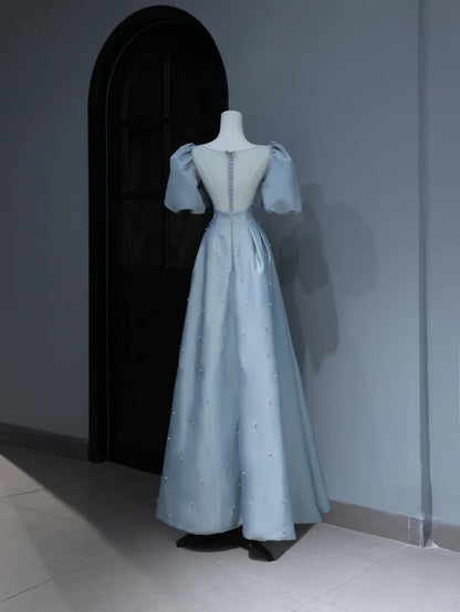 Modest Prom Dresses Aesthetic A Line Sweetheart Light Sky Blue Satin Inspiration Style Impress With Puffy Sleeves Pearls Long Party Formal Gown AS373