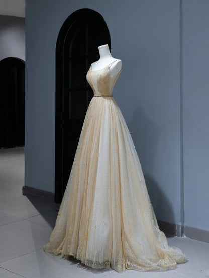Modest Prom Dresses Aesthetic A Line Spaghetti Straps Gold Tulle Inspiration Style Impress Corset Fitted Long Party Formal Gown AS378