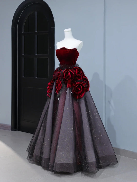 Modest Prom Dresses Aesthetic Ball Gown Strapless Burgundy Tulle Inspiration Style Impress With Flowers Long Party Formal Gown AS394