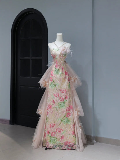 Cute Prom Dresses Aesthetic A Line Halter Sequin Pink Floral Inspiration Style Impress Corset Fitted Long Party Formal Gown AS397
