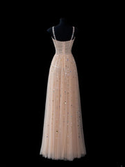 Elegant A line Spaghetti Straps Champagne Tulle Long Formal Fancy Evening Dresses Dinner Outfits Classy Party Gowns AS609