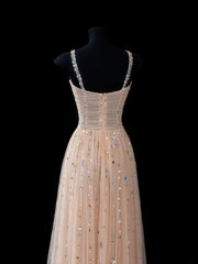 Elegant A line Spaghetti Straps Champagne Tulle Long Formal Fancy Evening Dresses Dinner Outfits Classy Party Gowns AS609