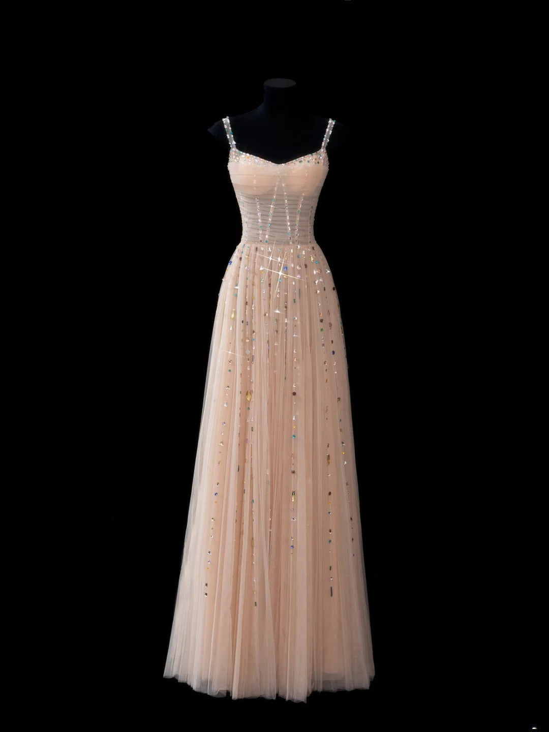 Elegant A line Spaghetti Straps Champagne Tulle Long Formal Fancy Evening Dresses Dinner Outfits Classy Party Gowns AS609