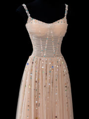Elegant A line Spaghetti Straps Champagne Tulle Long Formal Fancy Evening Dresses Dinner Outfits Classy Party Gowns AS609