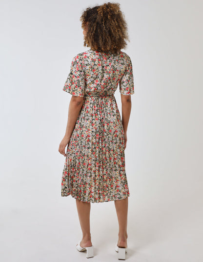 Wrap Front Pleated Hem Dress With Angel Sleeves