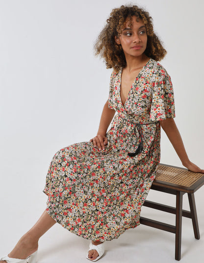 Wrap Front Pleated Hem Dress With Angel Sleeves