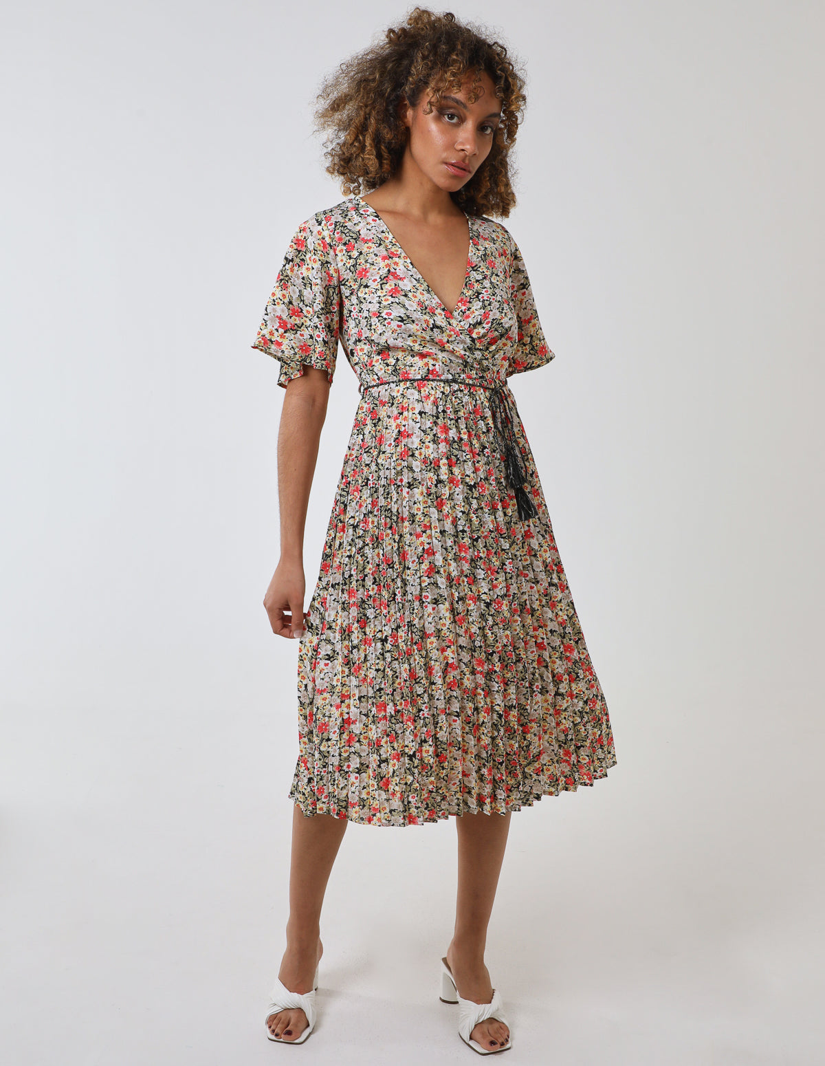 Wrap Front Pleated Hem Dress With Angel Sleeves