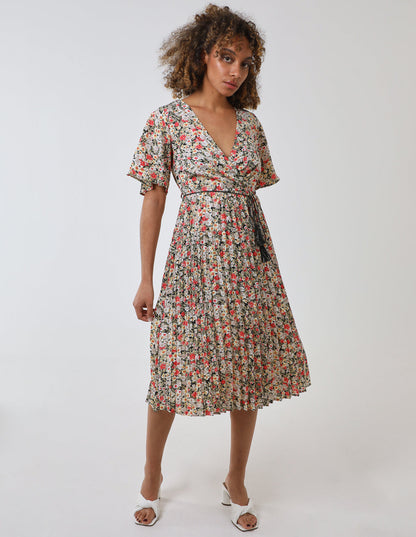 Wrap Front Pleated Hem Dress With Angel Sleeves