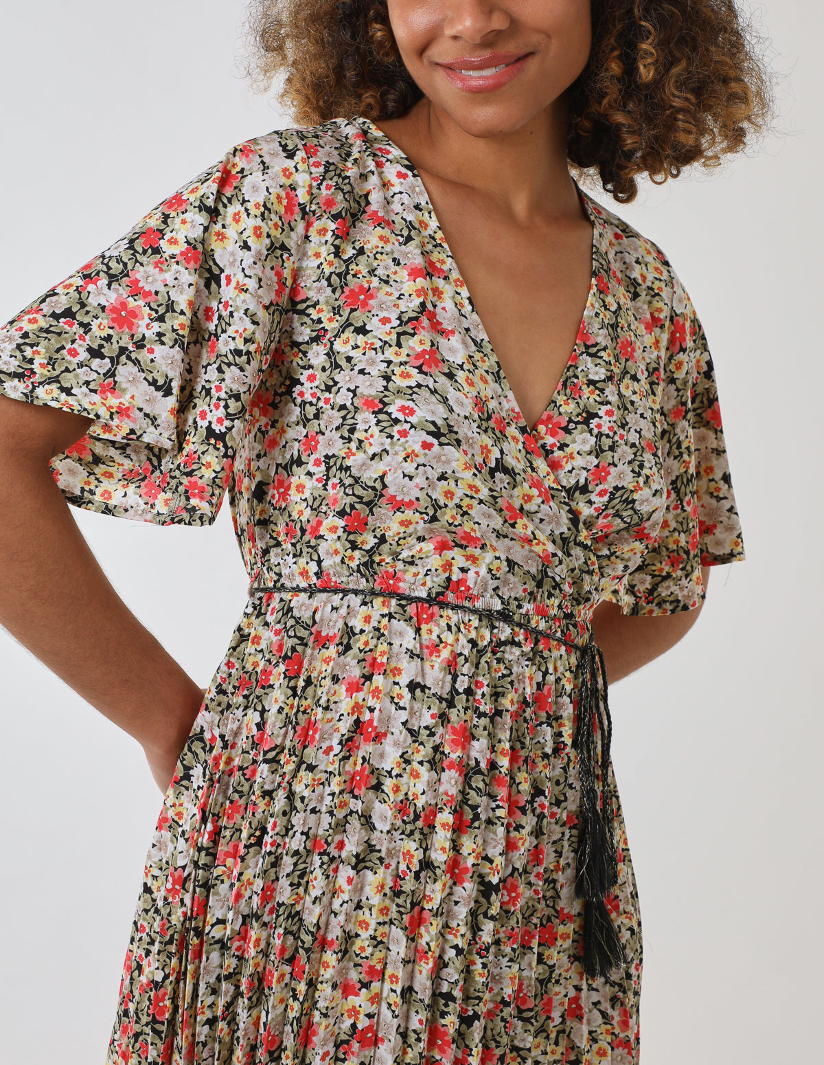 Wrap Front Pleated Hem Dress With Angel Sleeves