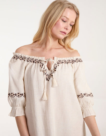 Embroidered Detailing Bardot Tunic Dress