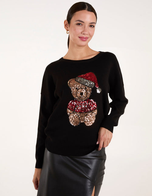 Christmas Sequin Teddy Bear With Santa Hat Jumper