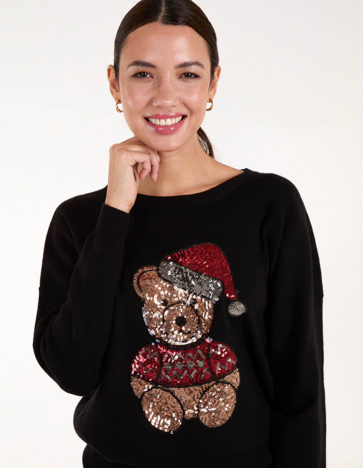 Christmas Sequin Teddy Bear With Santa Hat Jumper
