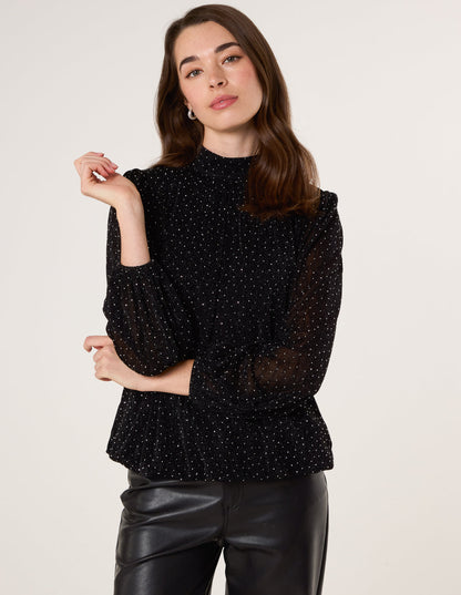 Rhinestone Shoulder Pad Puffball Blouse