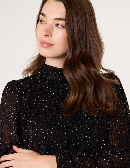 Rhinestone Shoulder Pad Puffball Blouse