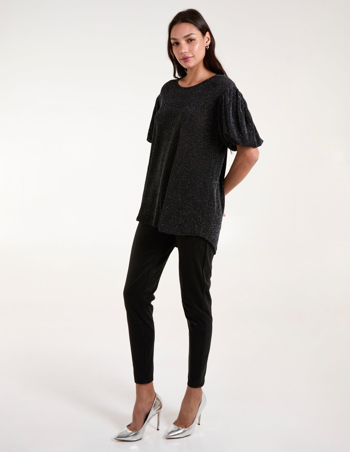 Bubble Sleeve Metallic High Low Top