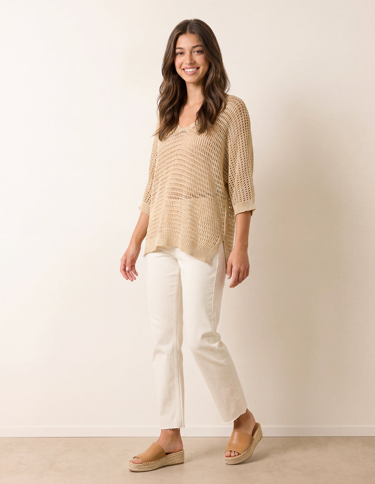 Metallic Crochet V Neck Top