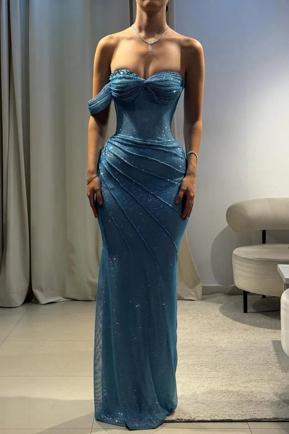 Dream Mermaid Sweetheart Aesthetic Sheath Long Prom Dresses Mesh Blue Evening Dresses RB1668