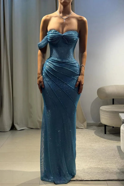 Dream Mermaid Sweetheart Aesthetic Sheath Long Prom Dresses Mesh Blue Evening Dresses RB1668
