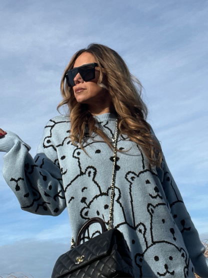 Smiley Polar Bear Knit Sweater Dress - Blue