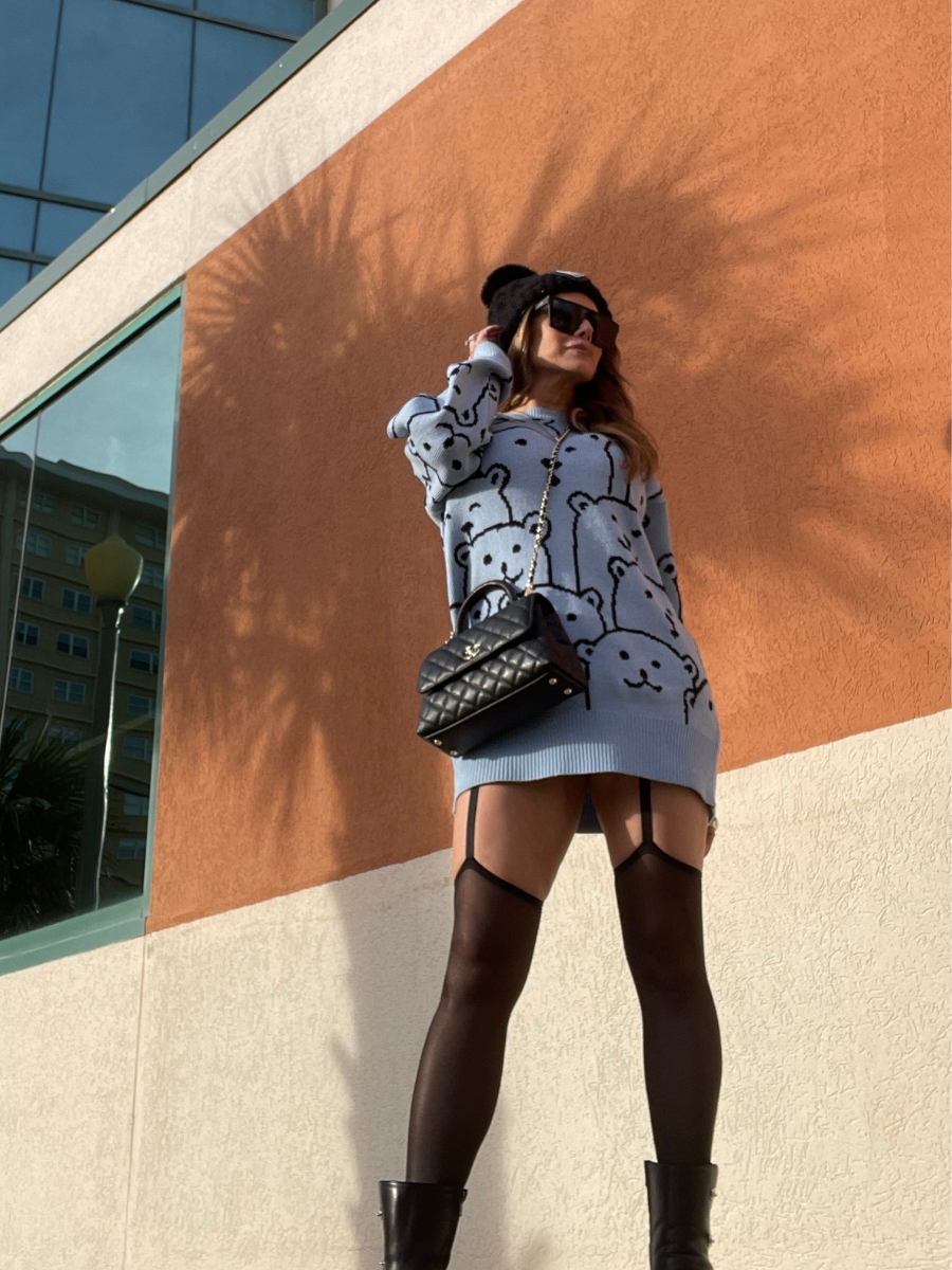 Smiley Polar Bear Knit Sweater Dress - Blue
