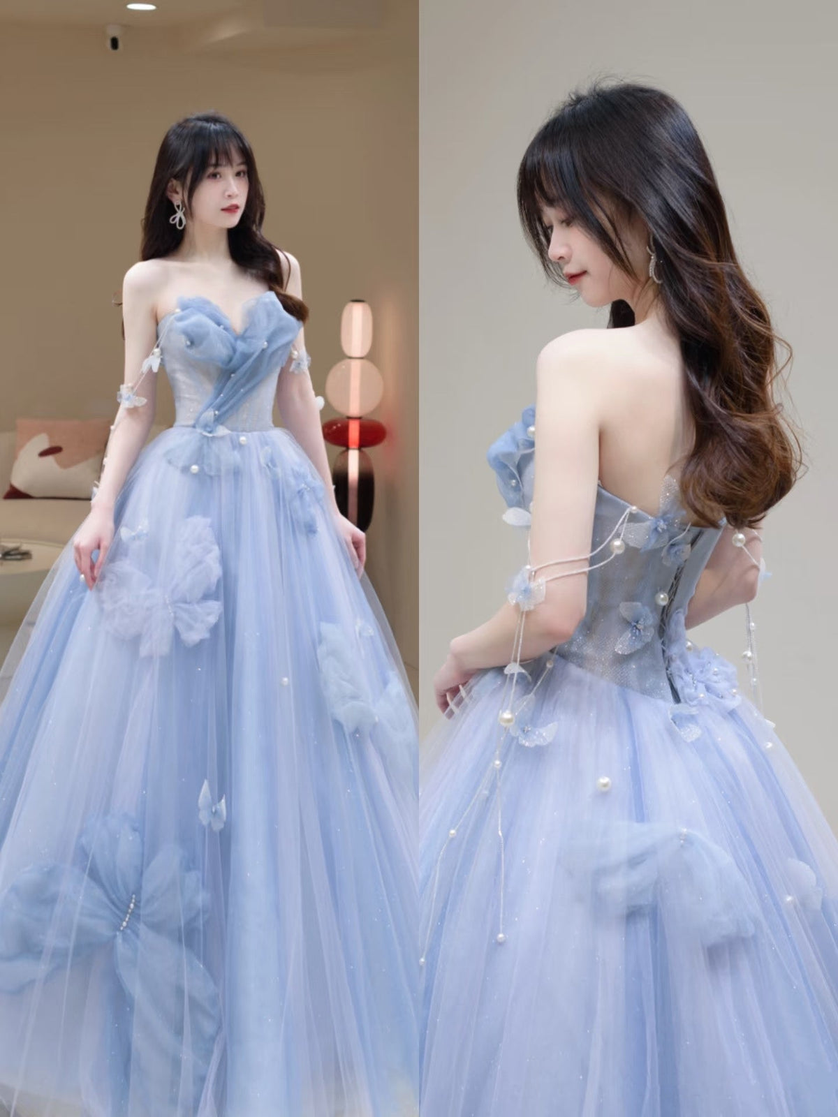 Ball Gowns Prom Dress Women Sweetheart Blue Tulle Long Formal Dance Evening Party Gowns AB1733