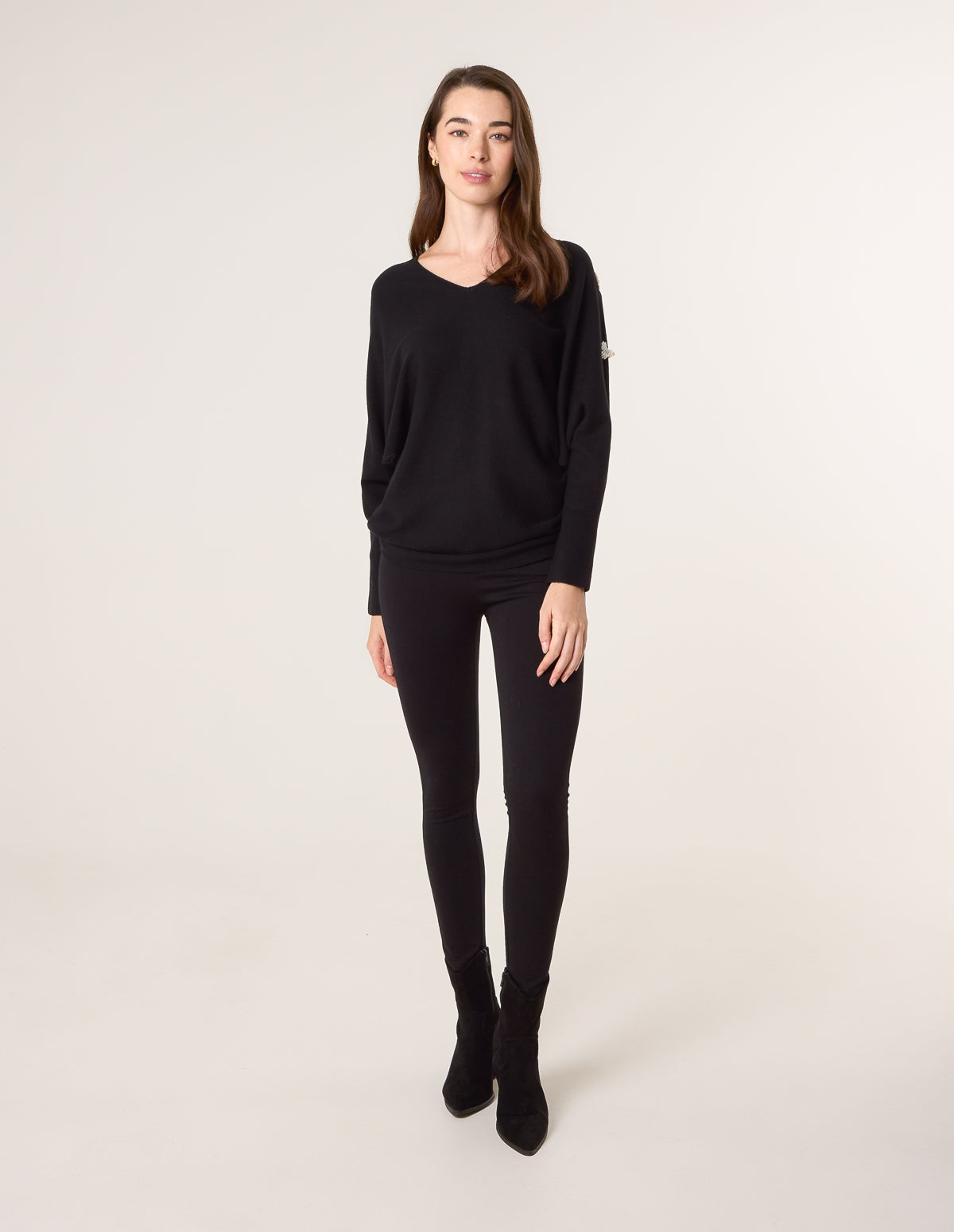 V-Neck Batwing Shoulder Pearl Detailing Jumper