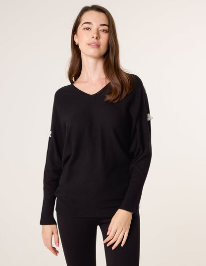 V-Neck Batwing Shoulder Pearl Detailing Jumper