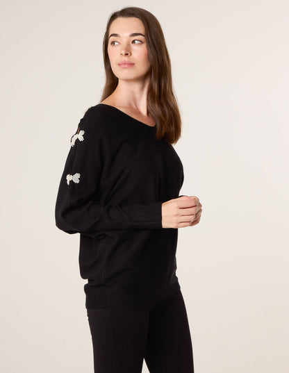 V-Neck Batwing Shoulder Pearl Detailing Jumper