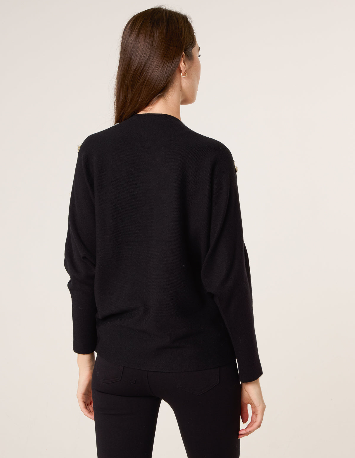 V-Neck Batwing Shoulder Pearl Detailing Jumper