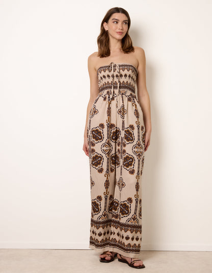 Tribal Print Bardot Tie Neck Jumpsuit