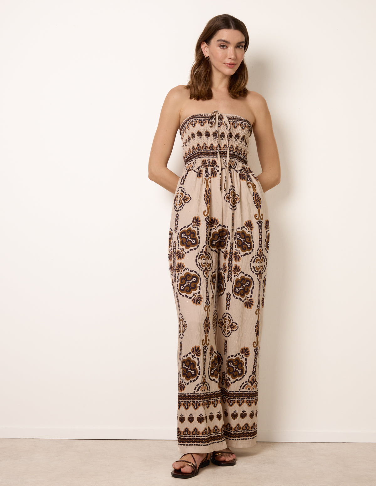 Tribal Print Bardot Tie Neck Jumpsuit