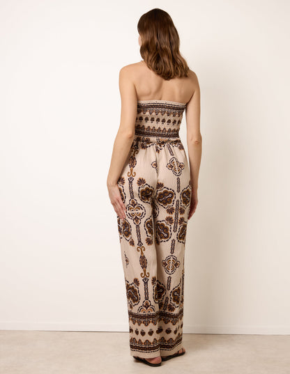 Tribal Print Bardot Tie Neck Jumpsuit