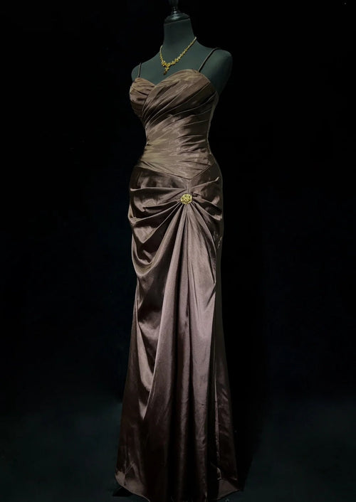 Trendy Prom Dresses Inspiration Mermaid Spaghetti Strap Chocolate Gala Satin Vintage Formal Dress N3188