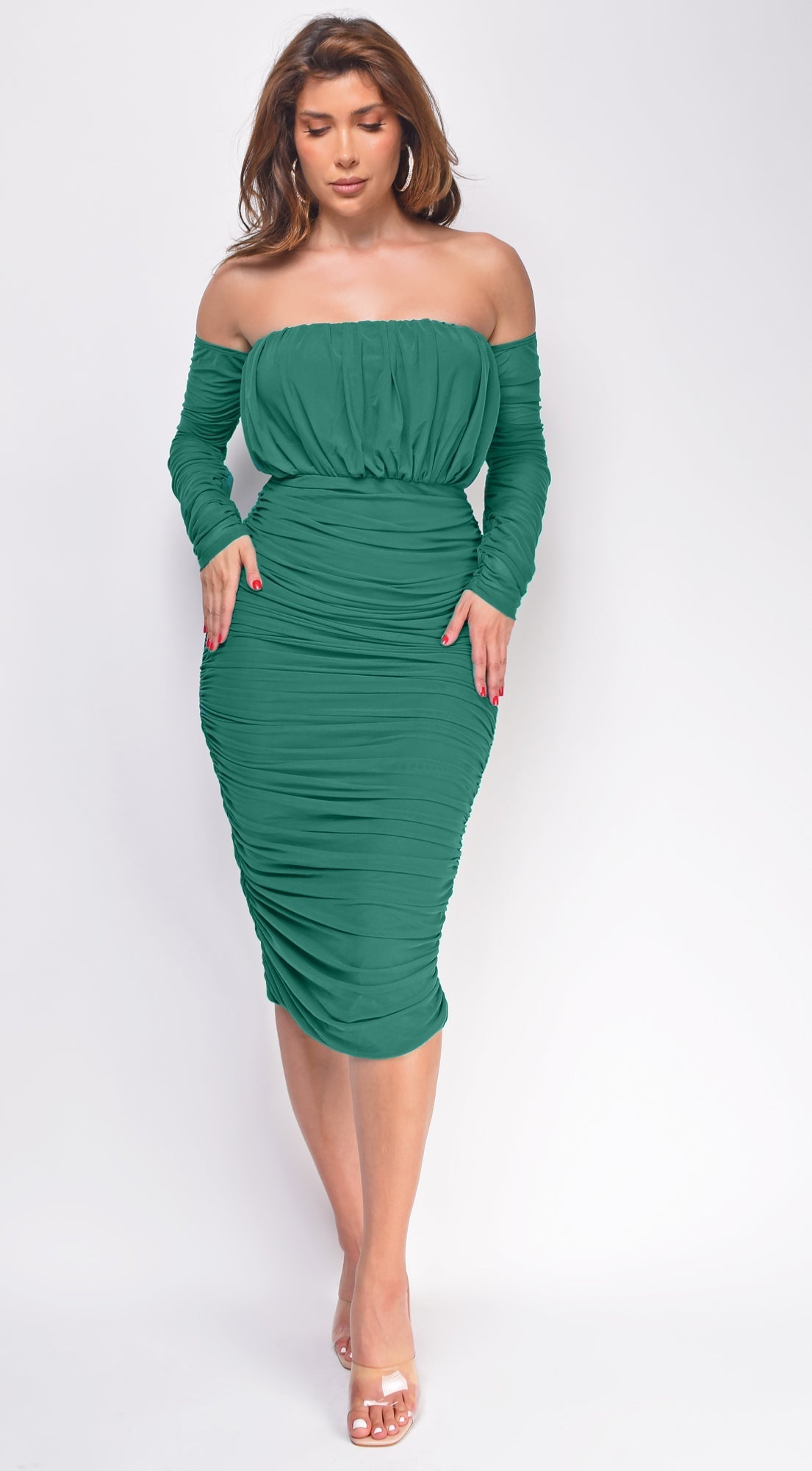 Annora Mesh Long Sleeve Ruched Midi Dress - Green
