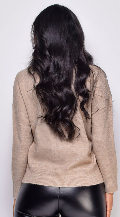 Remy V Neck Drop Shoulder Sweater Top - Beige