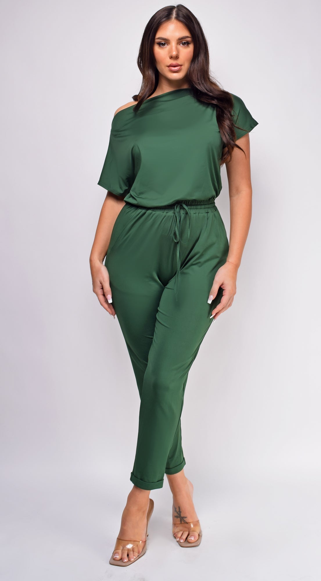 Sera Hunter Green Off Shoulder Jumpsuit
