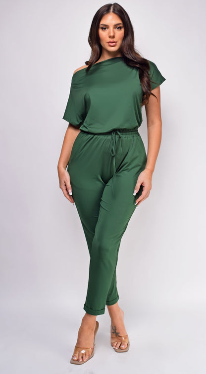 Sera Hunter Green Off Shoulder Jumpsuit