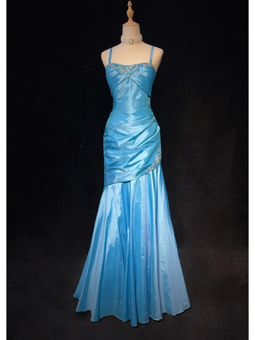 Trendy Prom Dresses Inspiration Mermaid Spaghetti Strap Blue Gala Satin With Beading Formal Gowns N3190