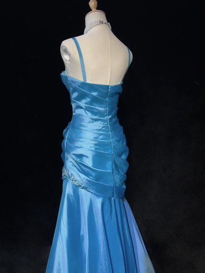 Trendy Prom Dresses Inspiration Mermaid Spaghetti Strap Blue Gala Satin With Beading Formal Gowns N3190