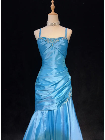 Trendy Prom Dresses Inspiration Mermaid Spaghetti Strap Blue Gala Satin With Beading Formal Gowns N3190