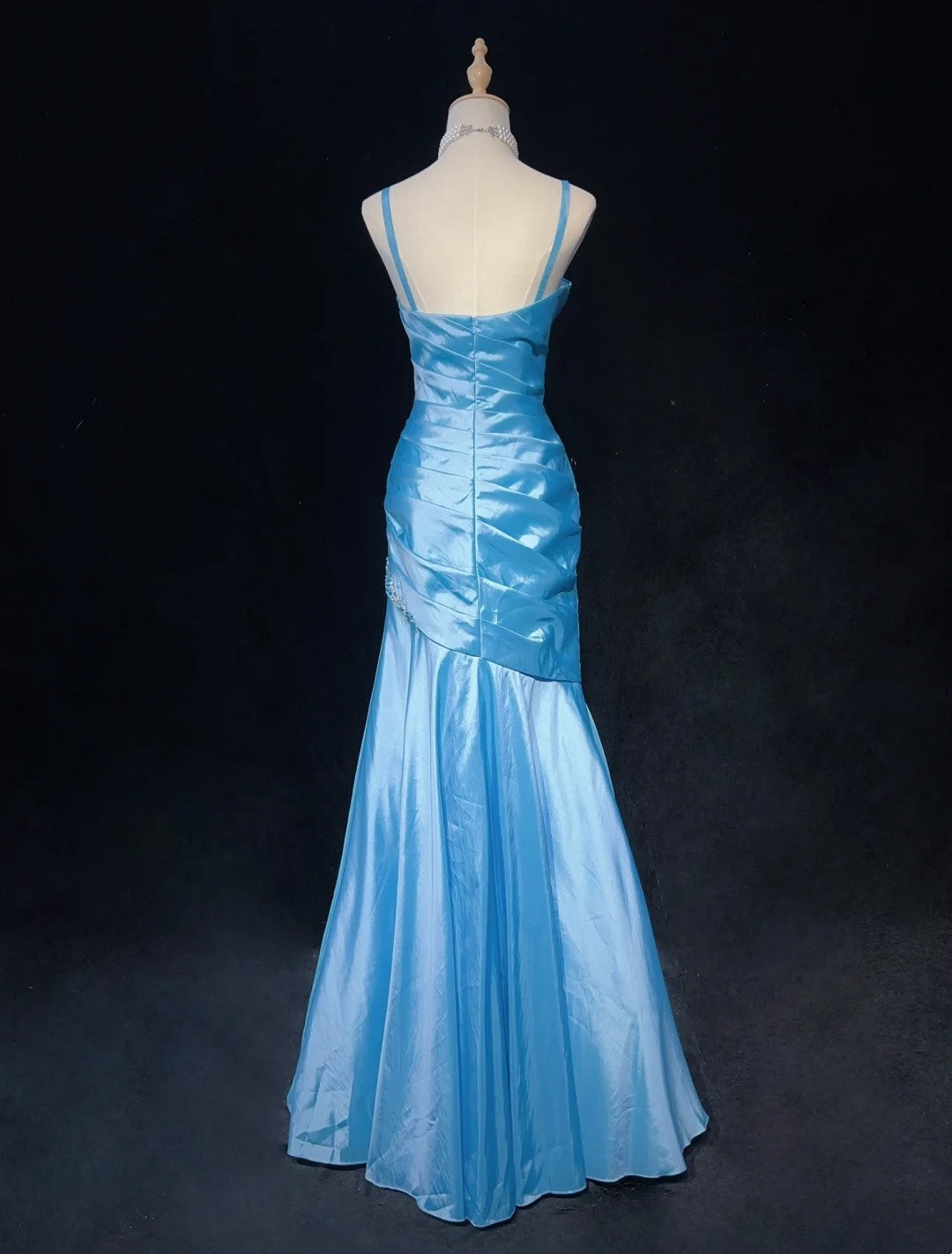 Trendy Prom Dresses Inspiration Mermaid Spaghetti Strap Blue Gala Satin With Beading Formal Gowns N3190
