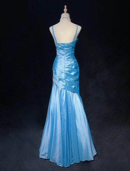 Trendy Prom Dresses Inspiration Mermaid Spaghetti Strap Blue Gala Satin With Beading Formal Gowns N3190