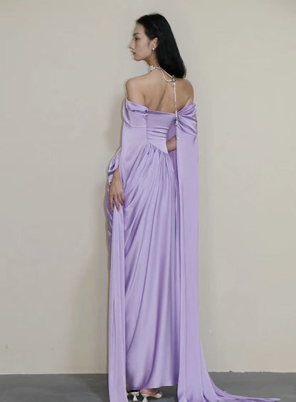 Modest Prom Dresses Aesthetic Sheath Off The Shoulder Lilac Inspiration Style Impress With Sleeves Cape Long Party Formal Gown SA094