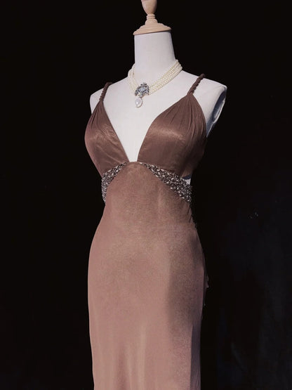 Modest Prom Dresses Mermaid Spaghetti Strap Brown Sleeveless With Ruffled Formal Evening Dress N3839