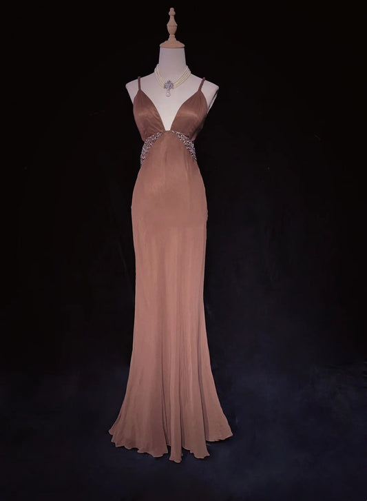 Modest Prom Dresses Mermaid Spaghetti Strap Brown Sleeveless With Ruffled Formal Evening Dress N3839