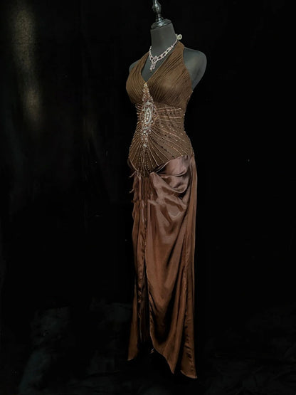 Beautiful Prom Dresses Inspo Mermaid Halter Satin With Beaded Chocolate Women Formal Dress N3194
